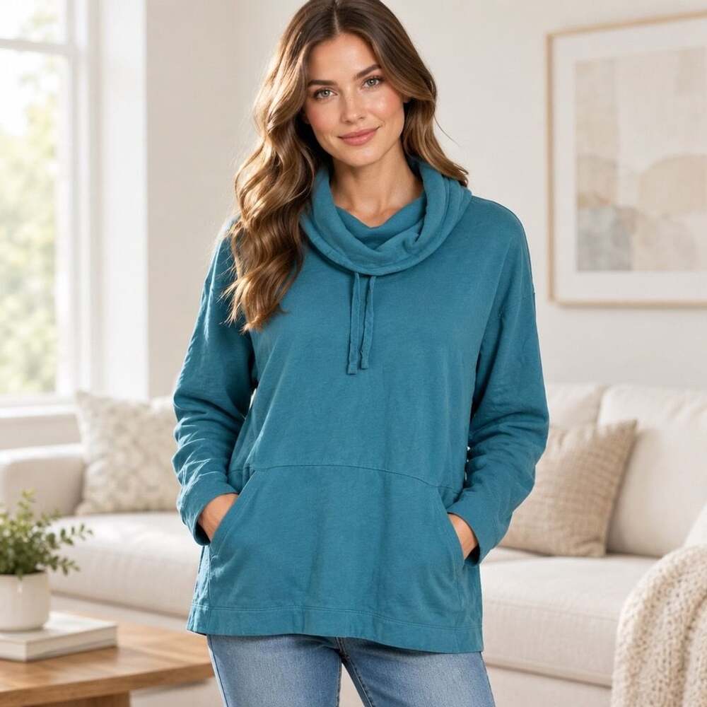 purejill Cowl Neck Sweatshirt Size L Blue Soft Touch Cotton Pockets
